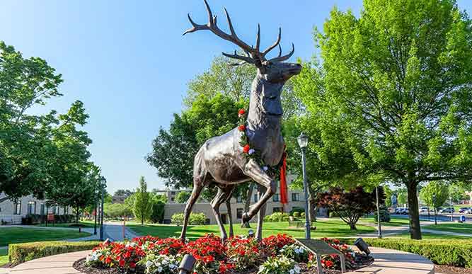 A statue of a stag outdoors wears a wreath around its neck.