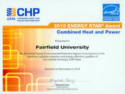 2010 Energy Star Combined Heat and Power Award for Fairfield University certificate