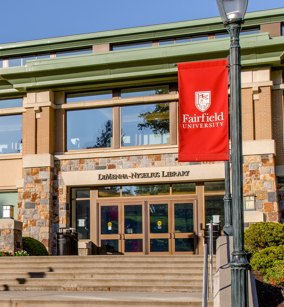 Front of Library with Fairfield University Banner