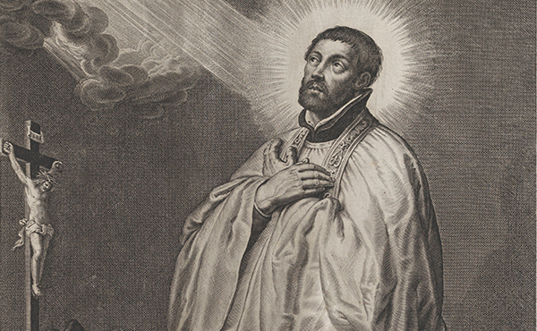 A sepia tone image of St. Francis Xavier, S.J. looking up at that heavens. 